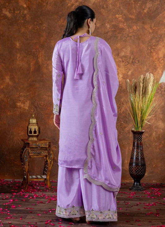 Prazu Fashion Lavender Chinon Silk Embroidered Codding Work Plazzo Suit - Swadesiicart