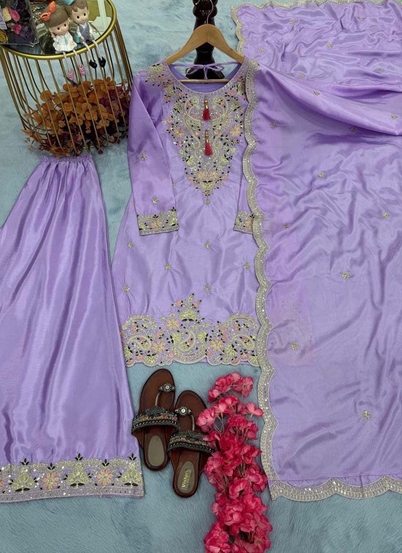 Prazu Fashion Lavender Chinon Silk Embroidered Codding Work Plazzo Suit - Swadesiicart