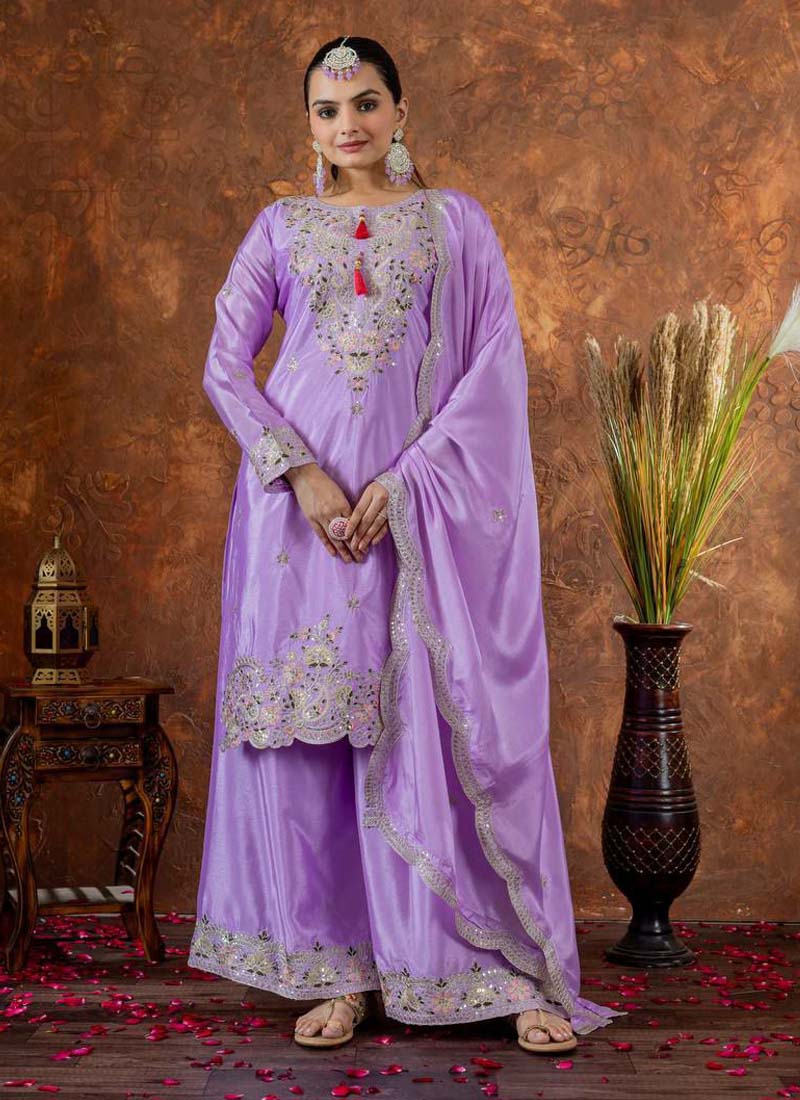Prazu Fashion Lavender Chinon Silk Embroidered Codding Work Plazzo Suit - Swadesiicart