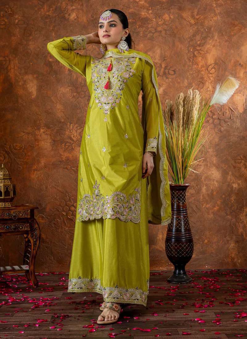 Prazu Fashion Lime Green Chinon Silk Embroidered Codding Work Plazzo Suit - Swadesiicart
