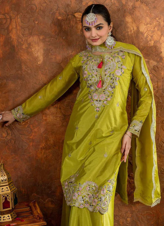 Prazu Fashion Lime Green Chinon Silk Embroidered Codding Work Plazzo Suit - Swadesiicart