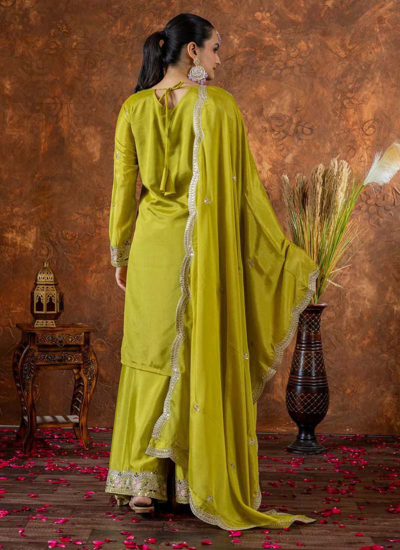 Prazu Fashion Lime Green Chinon Silk Embroidered Codding Work Plazzo Suit - Swadesiicart
