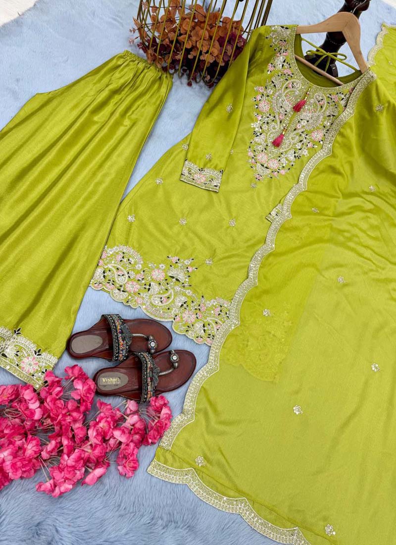 Prazu Fashion Lime Green Chinon Silk Embroidered Codding Work Plazzo Suit - Swadesiicart