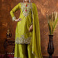 Prazu Fashion Lime Green Chinon Silk Embroidered Codding Work Plazzo Suit - Swadesiicart