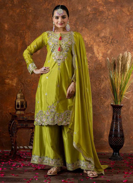 Prazu Fashion Lime Green Chinon Silk Embroidered Codding Work Plazzo Suit - Swadesiicart