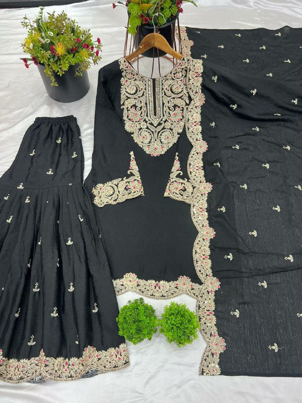 Prazu Fashion Black Chinon Silk Embroidered Plazzo Suit - Swadesiicart