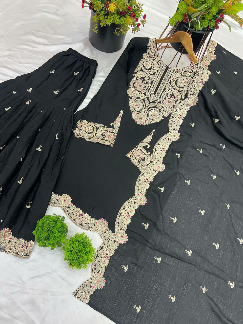 Prazu Fashion Black Chinon Silk Embroidered Plazzo Suit - Swadesiicart