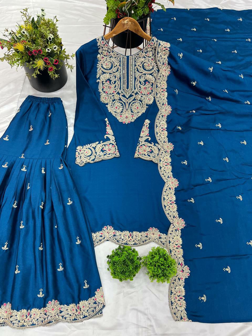 Prazu Fashion Royal Blue Chinon Silk Embroidered Plazzo Suit - Swadesiicart