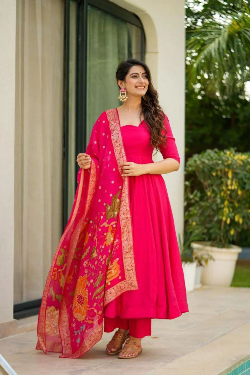 Prazu Fashion Designer Red Chinon Silk Anarkali Suit - Swadesiicart