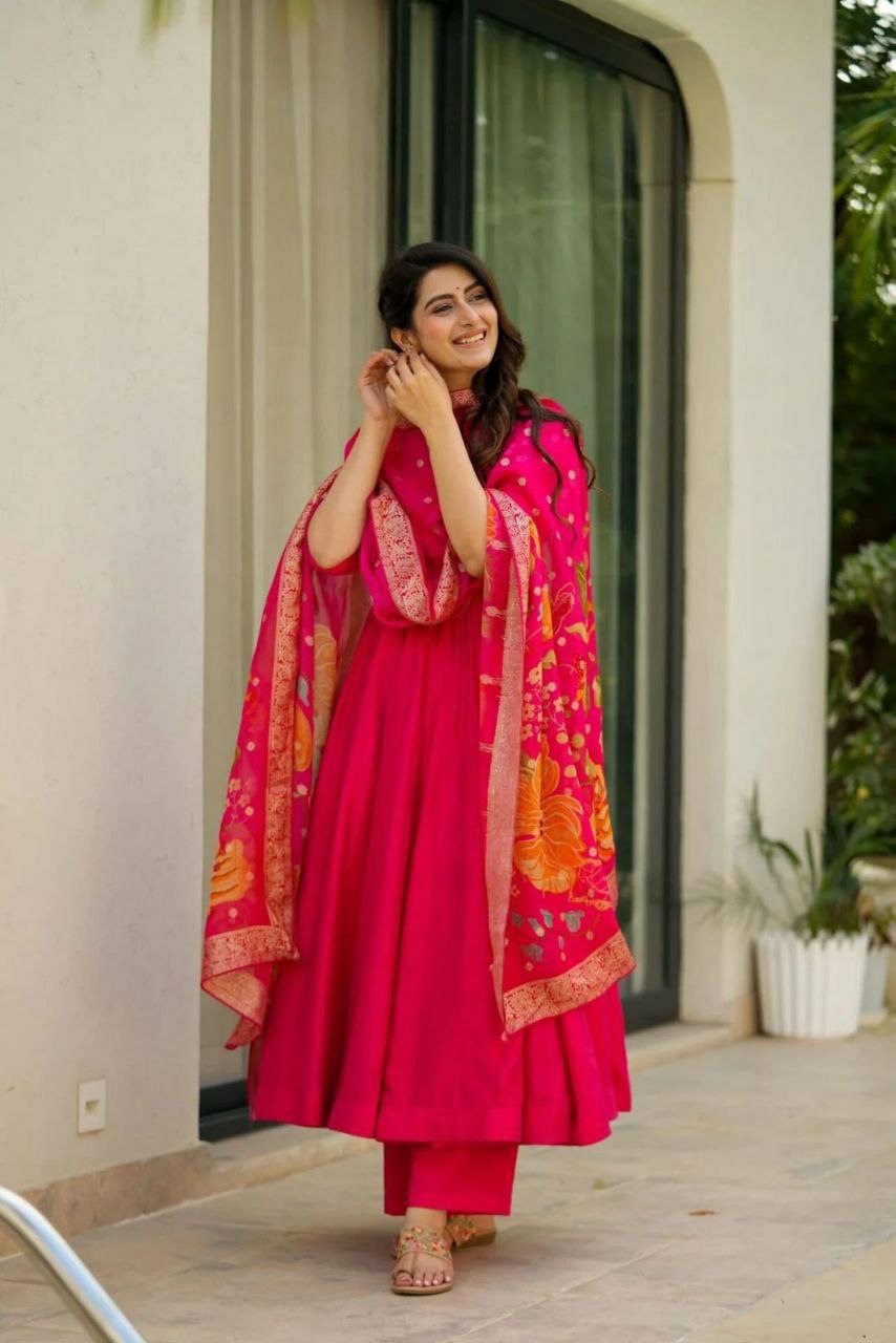 Prazu Fashion Designer Red Chinon Silk Anarkali Suit - Swadesiicart