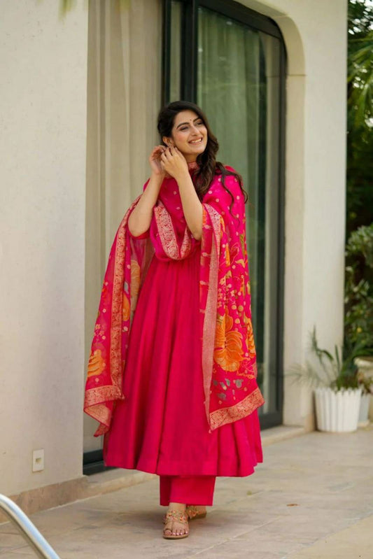 Prazu Fashion Designer Red Chinon Silk Anarkali Suit - Swadesiicart