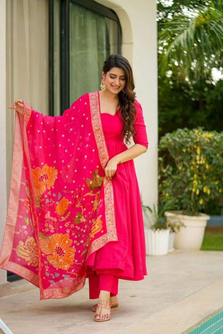 Prazu Fashion Designer Red Chinon Silk Anarkali Suit - Swadesiicart
