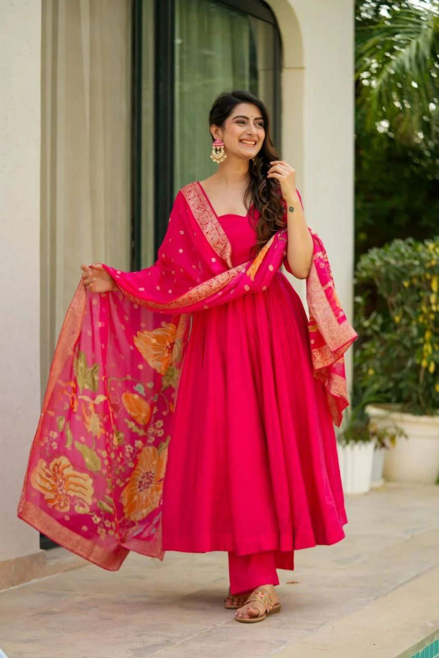 Prazu Fashion Designer Red Chinon Silk Anarkali Suit - Swadesiicart