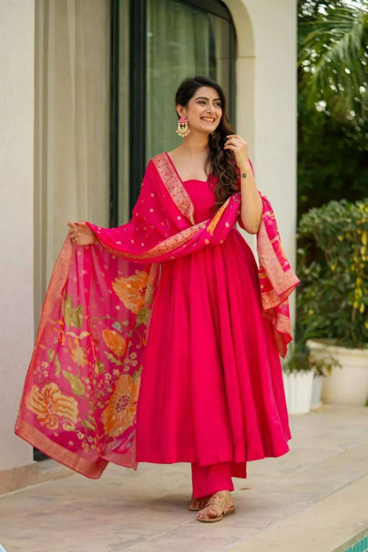 Prazu Fashion Designer Red Chinon Silk Anarkali Suit - Swadesiicart