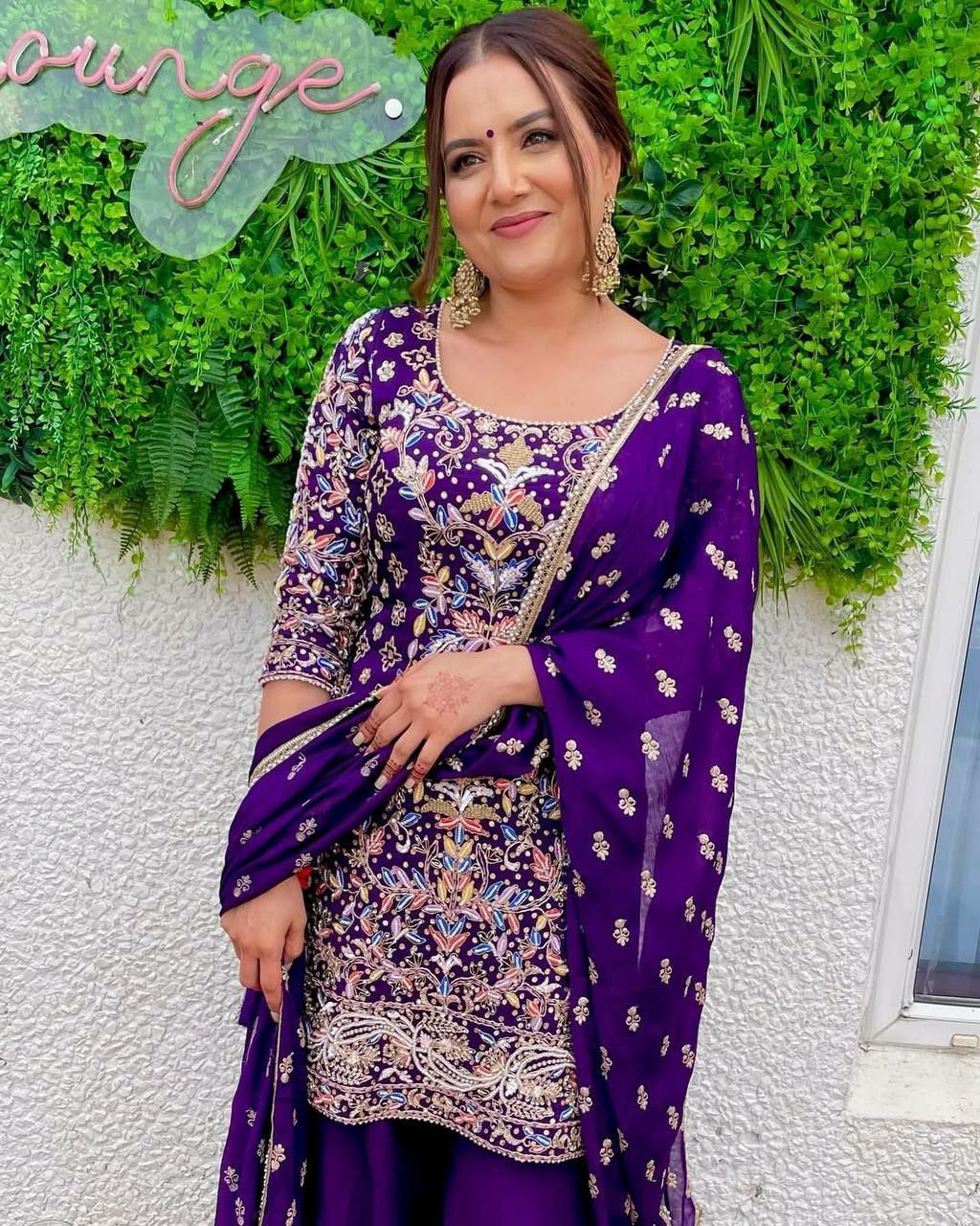 Prazu Fashion Purple Georgette Embroidered Plazzo Suit - Swadesiicart