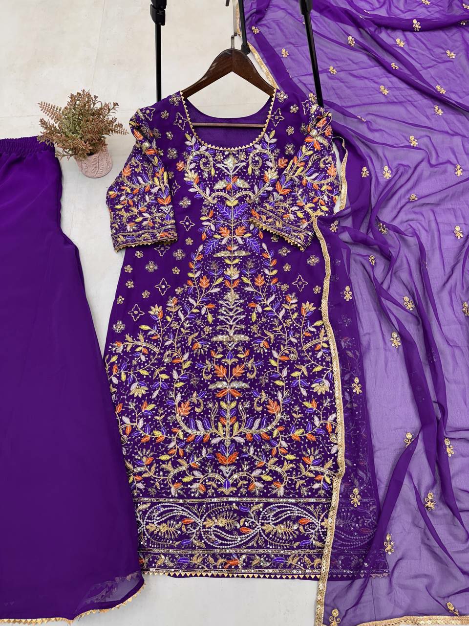 Prazu Fashion Purple Georgette Embroidered Plazzo Suit - Swadesiicart