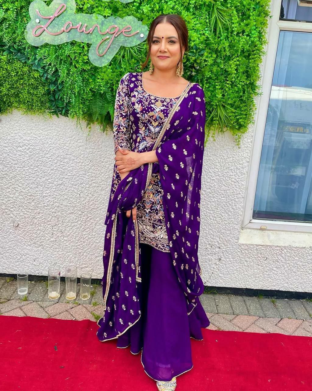 Prazu Fashion Purple Georgette Embroidered Plazzo Suit - Swadesiicart