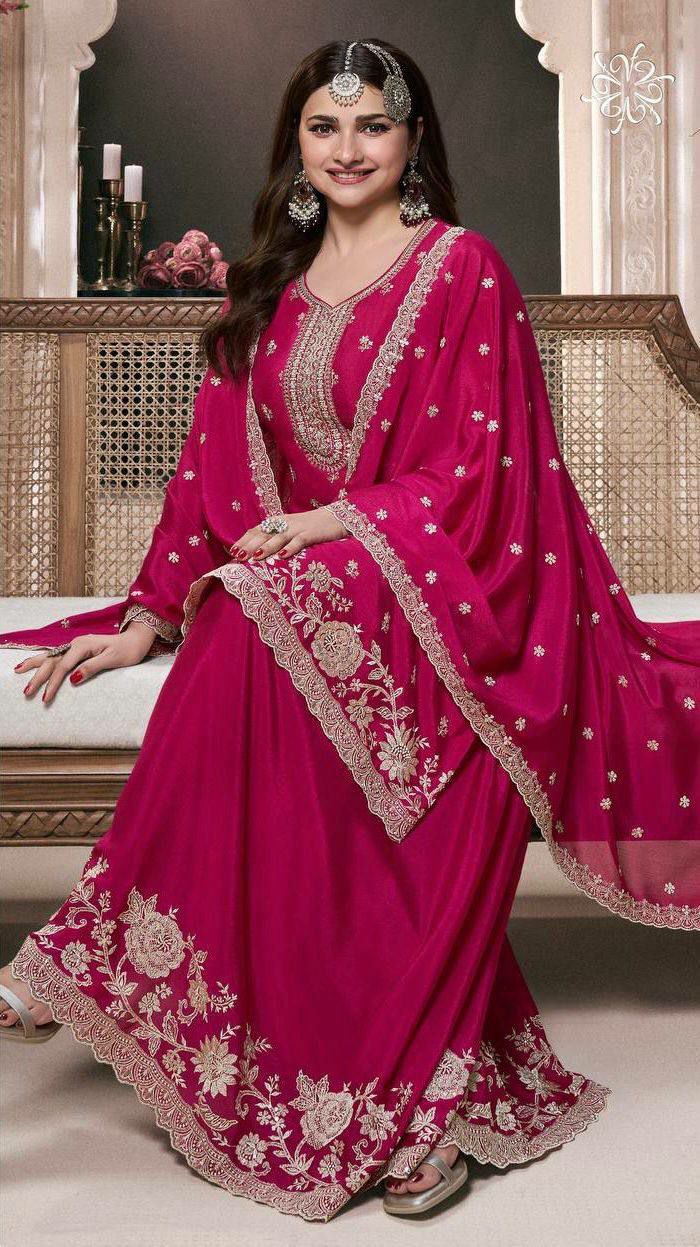 Prazu Fashion Pink Chinon Silk Embroidered Palazzo Suit - Swadesiicart