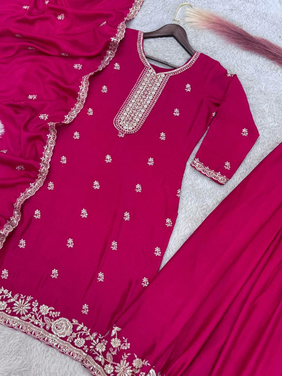 Prazu Fashion Pink Chinon Silk Embroidered Palazzo Suit - Swadesiicart