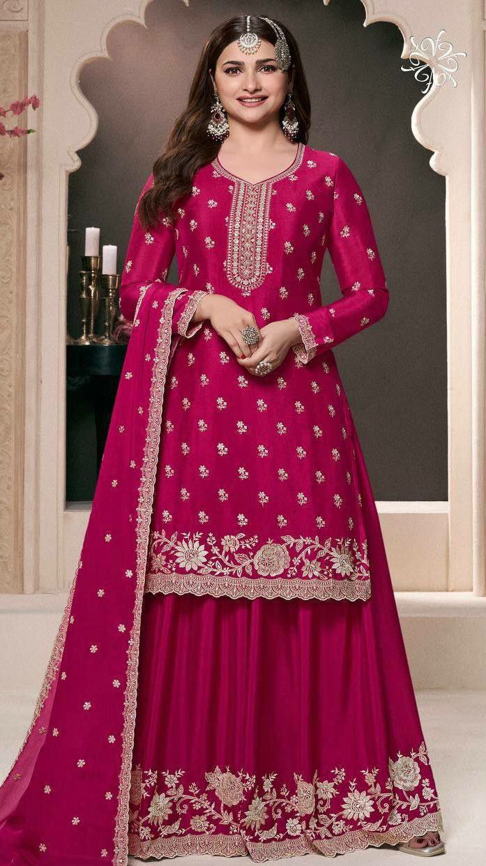 Prazu Fashion Pink Chinon Silk Embroidered Palazzo Suit - Swadesiicart
