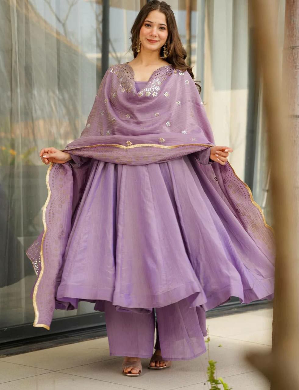 Prazu Fashion Lavender Silk Designer Anarkali Palzzo Suit - Swadesiicart