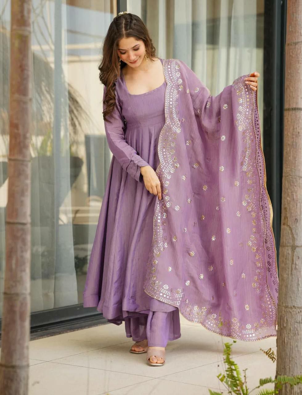 Prazu Fashion Lavender Silk Designer Anarkali Palzzo Suit - Swadesiicart