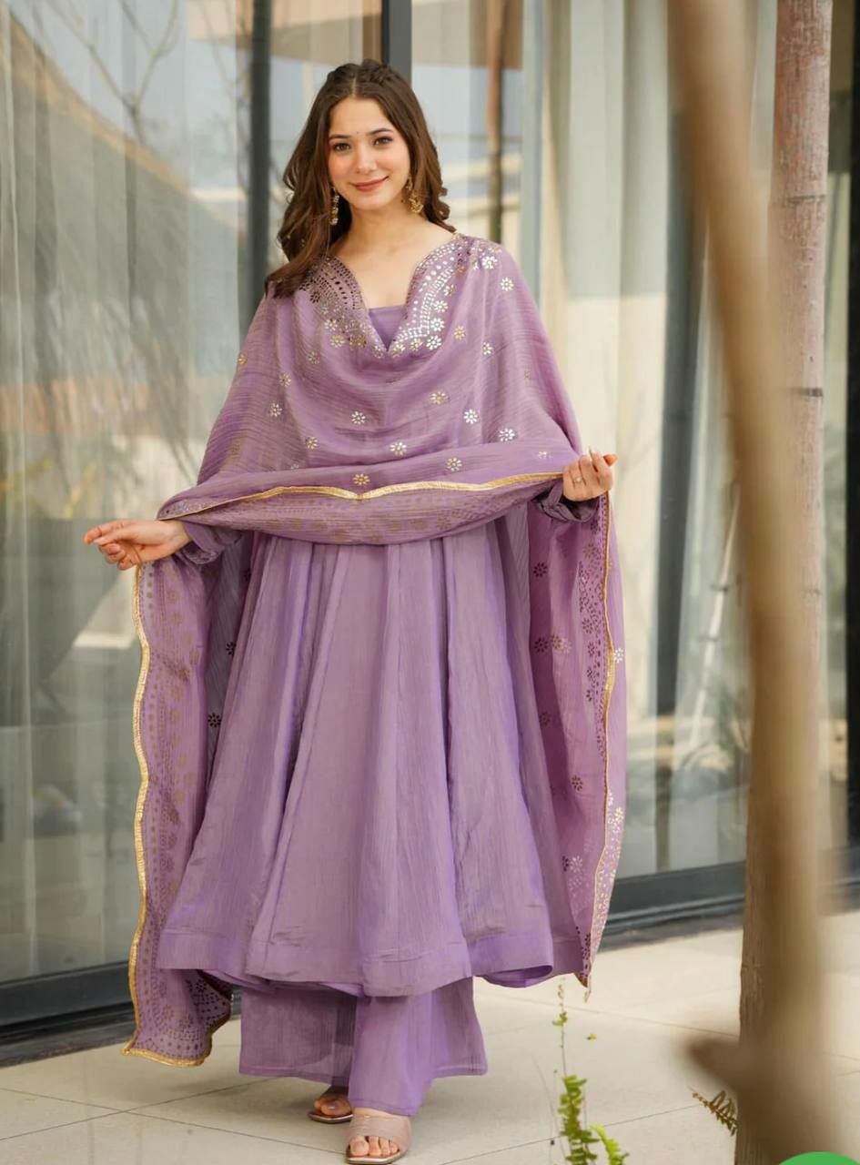 Prazu Fashion Lavender Silk Designer Anarkali Palzzo Suit - Swadesiicart