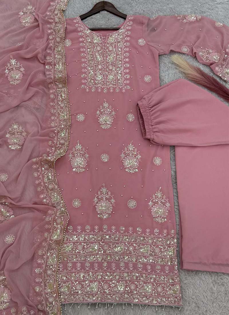 Prazu Fashion Baby Pink Georgette Embroidered Palazzo Suit - Swadesiicart