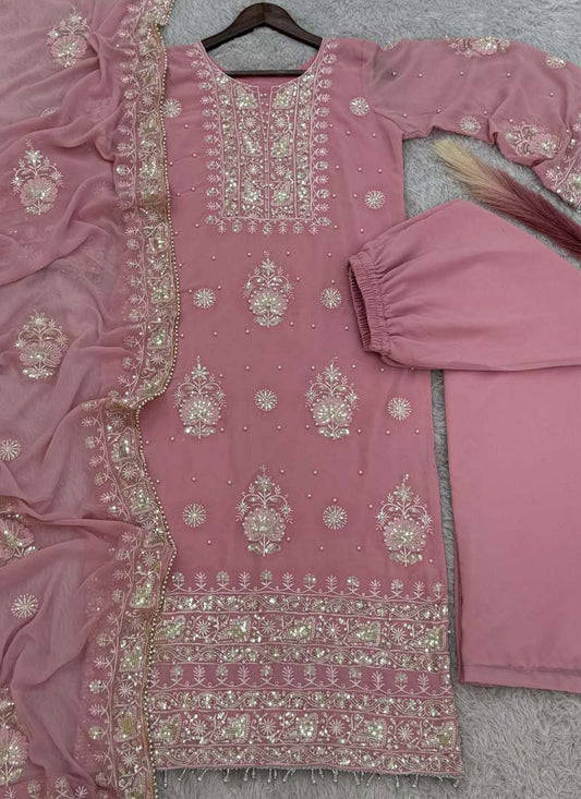Prazu Fashion Baby Pink Georgette Embroidered Palazzo Suit - Swadesiicart