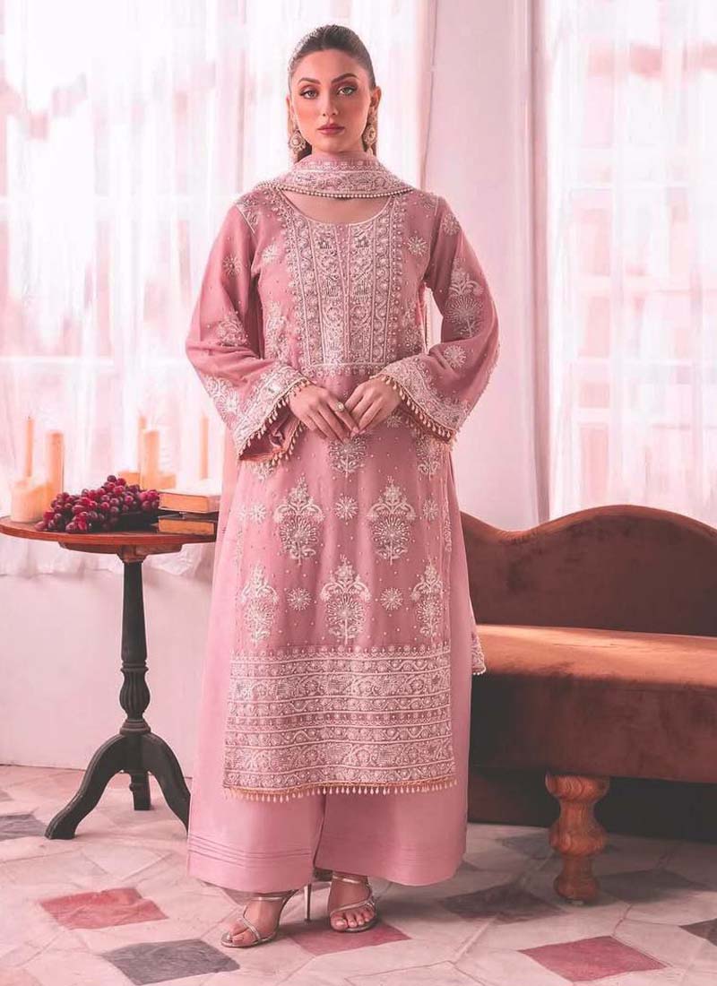 Prazu Fashion Baby Pink Georgette Embroidered Palazzo Suit - Swadesiicart