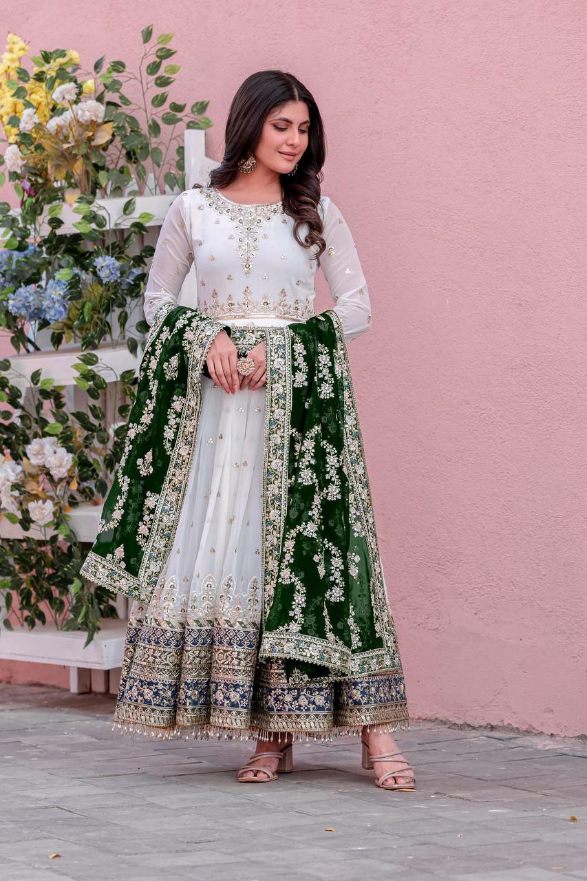 Prazu Fashion Off White Georgette Embroidered Anarkali Suit - Swadesiicart