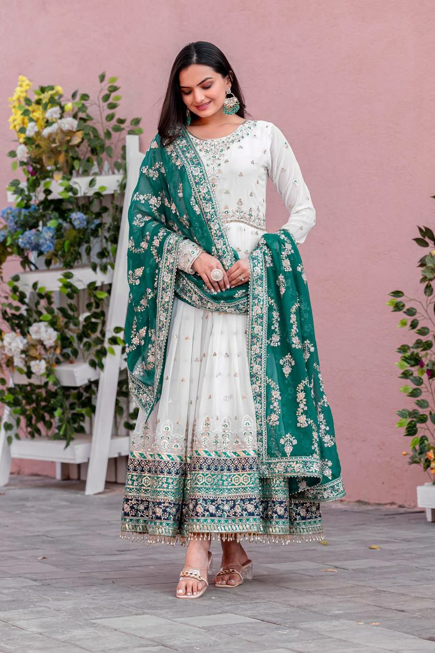 Prazu Fashion Off White Georgette Embroidered Anarkali Suit - Swadesiicart