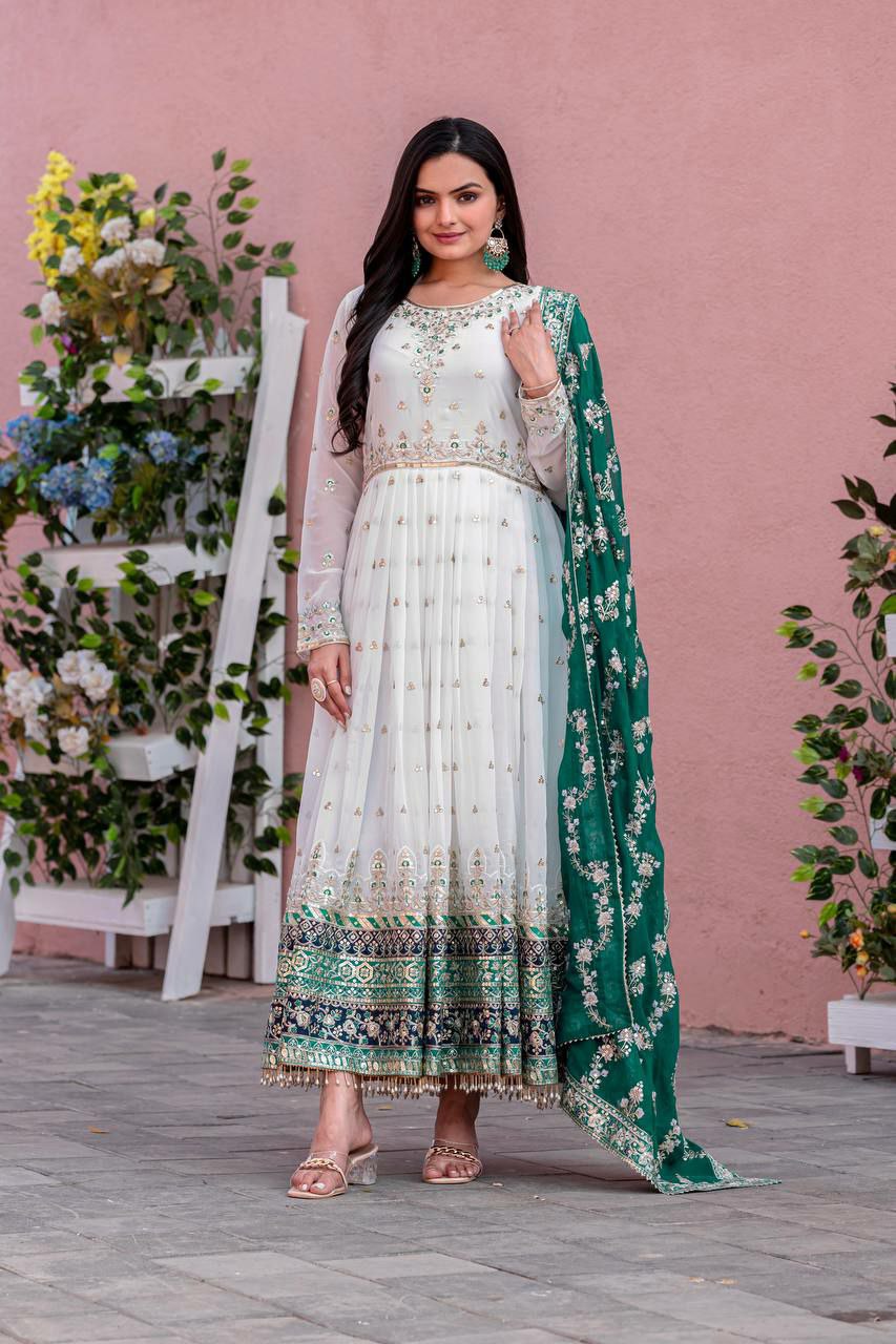 Prazu Fashion Off White Georgette Embroidered Anarkali Suit - Swadesiicart