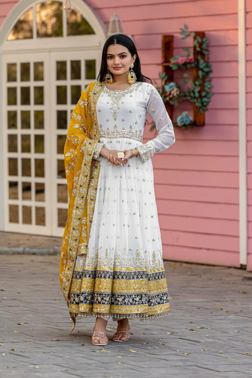 Prazu Fashion Off White Georgette Embroidered Anarkali Suit - Swadesiicart