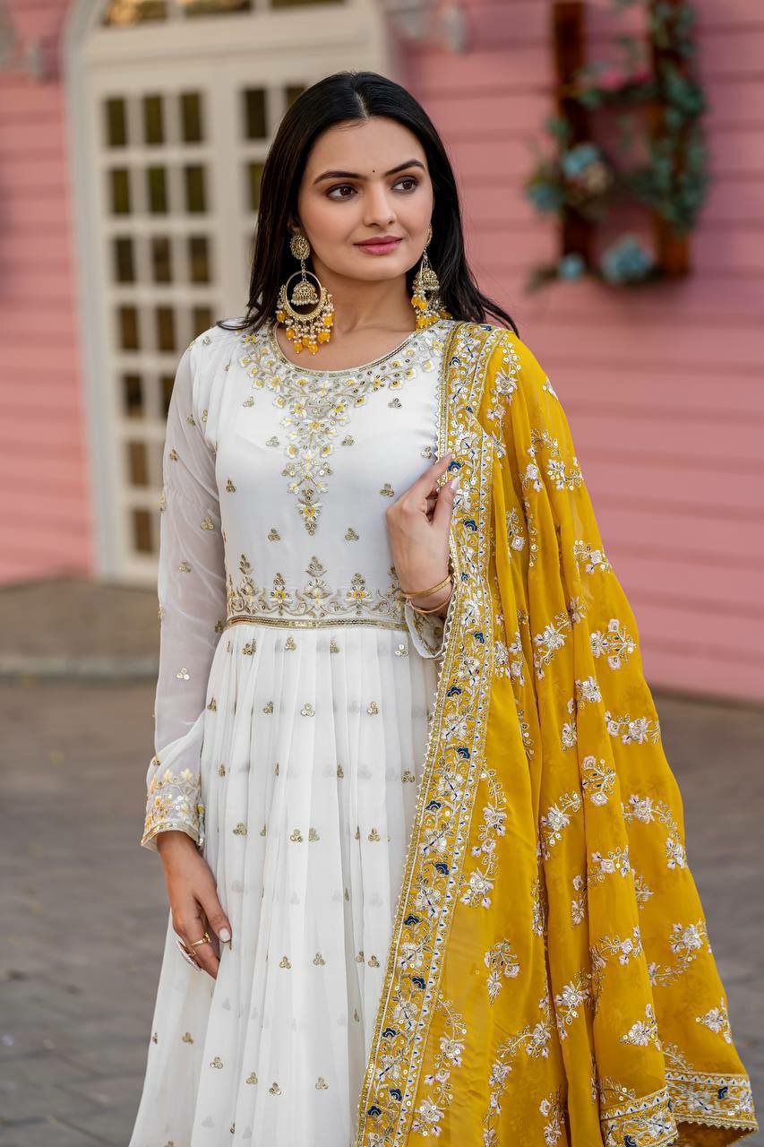 Prazu Fashion Off White Georgette Embroidered Anarkali Suit - Swadesiicart