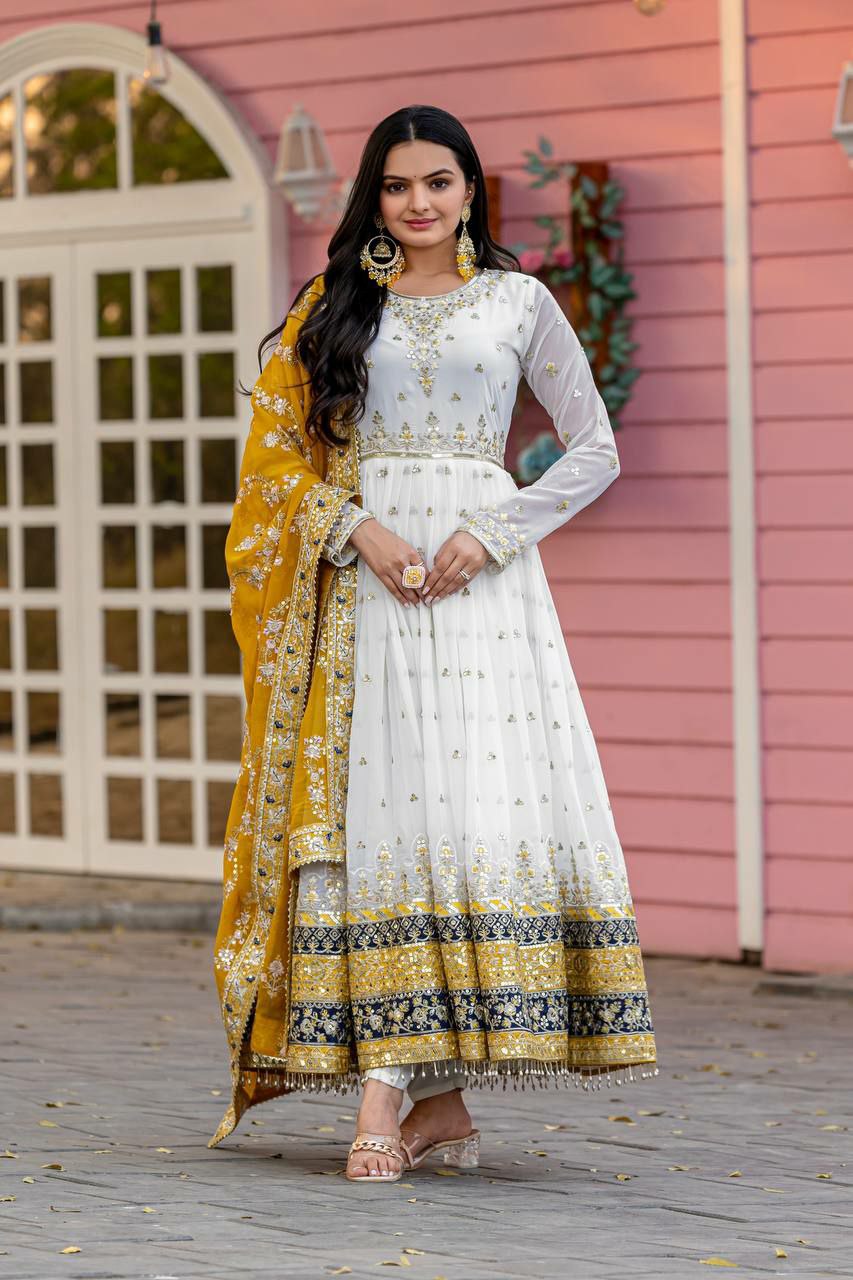 Prazu Fashion Off White Georgette Embroidered Anarkali Suit - Swadesiicart