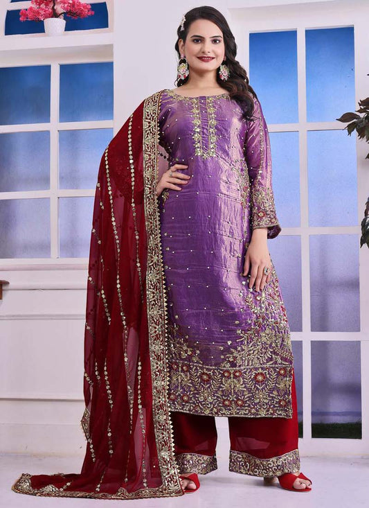 Prazu Fashion Lavender Silk Embroidered Plazzo Suit - Swadesiicart