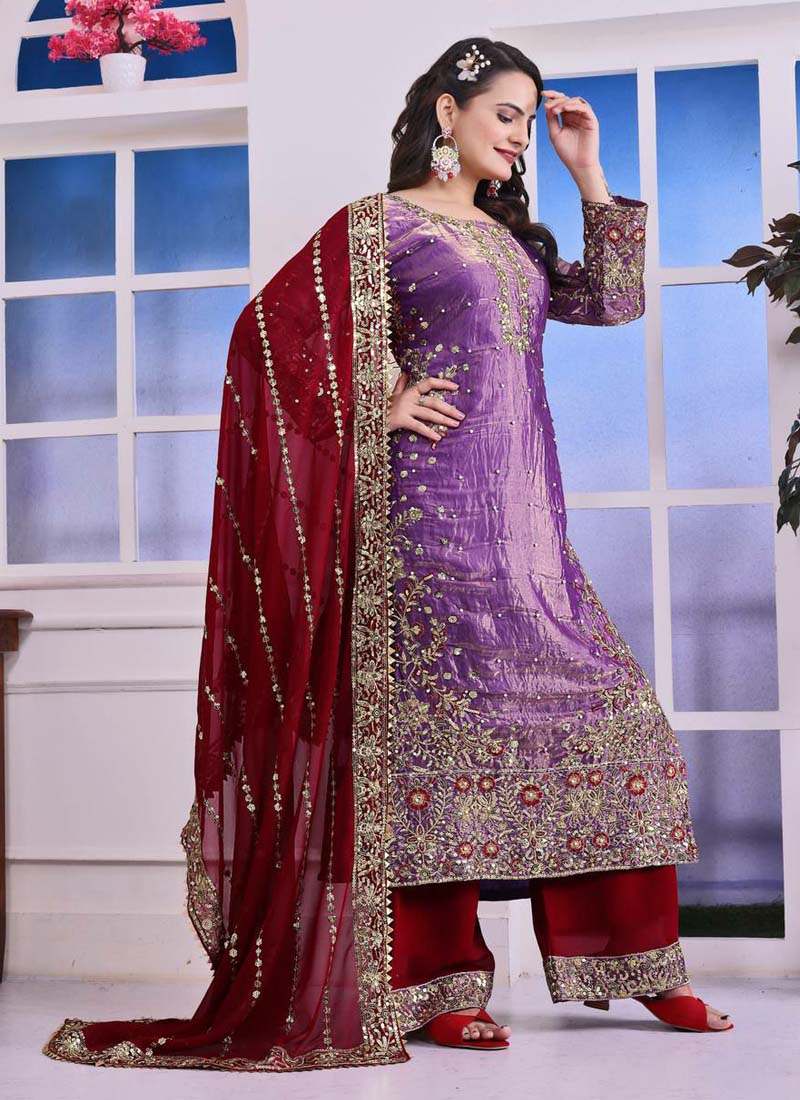 Prazu Fashion Lavender Silk Embroidered Plazzo Suit - Swadesiicart