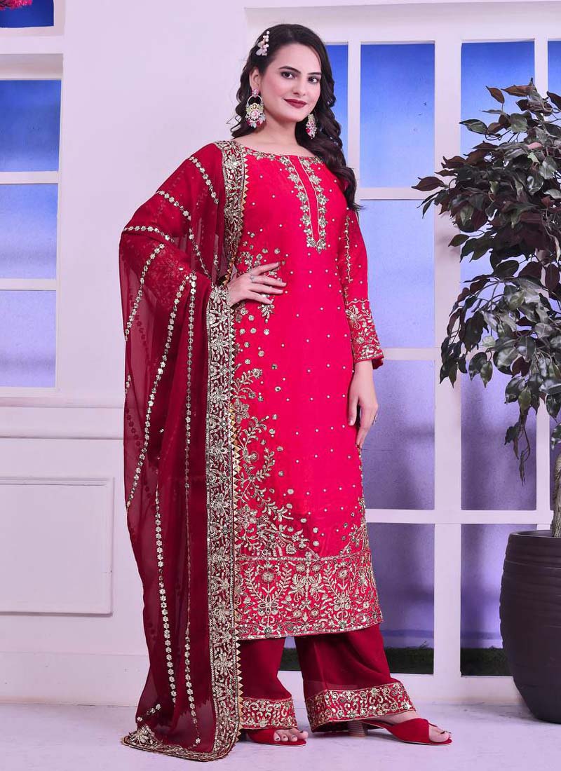 Prazu Fashion Red Silk Embroidered Palazzo Suit - Swadesiicart
