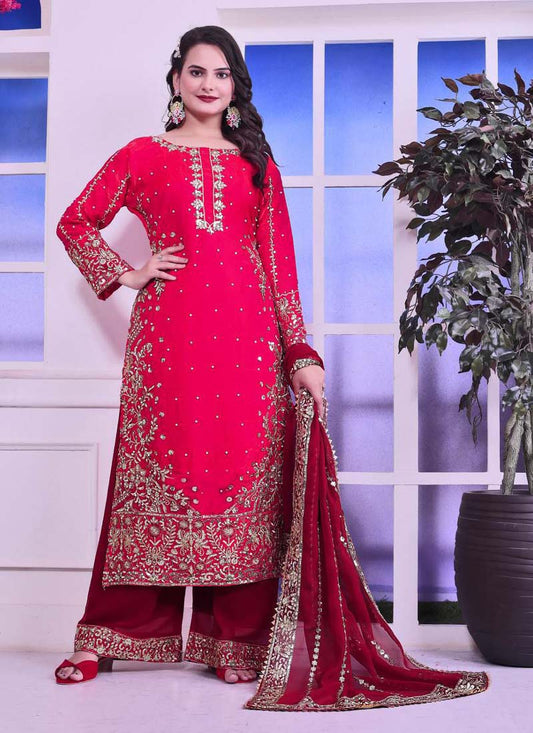Prazu Fashion Red Silk Embroidered Palazzo Suit - Swadesiicart