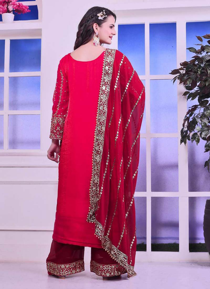 Prazu Fashion Red Silk Embroidered Palazzo Suit - Swadesiicart