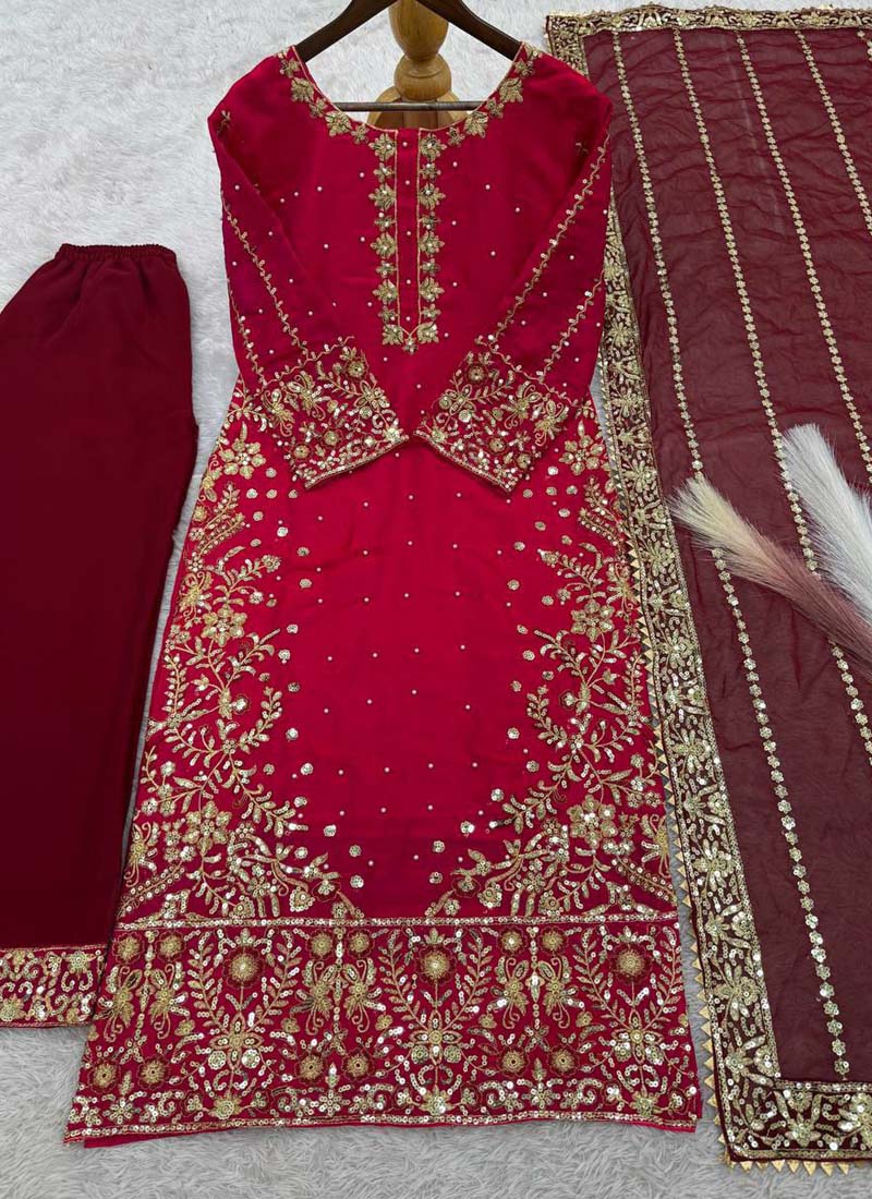 Prazu Fashion Red Silk Embroidered Palazzo Suit - Swadesiicart