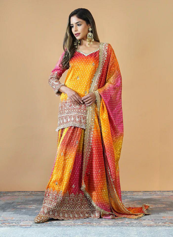 Prazu Fashion Yellow And Pink Chinon Silk Embroidered Palazzo Suit - Swadesiicart