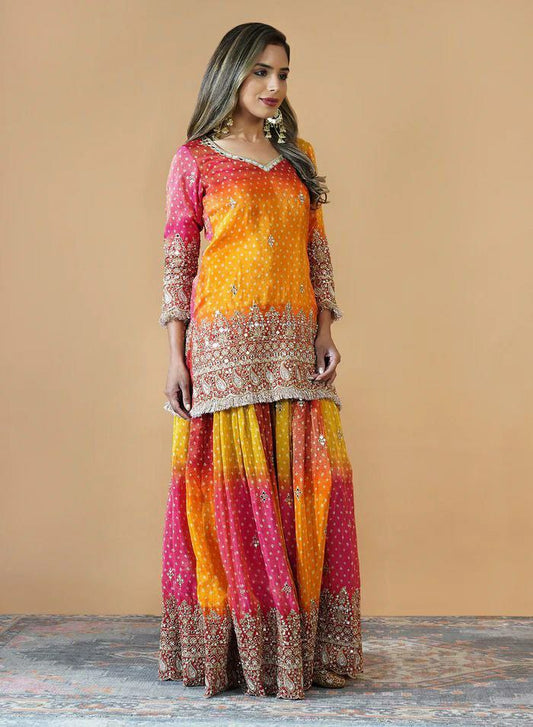 Prazu Fashion Yellow And Pink Chinon Silk Embroidered Palazzo Suit - Swadesiicart