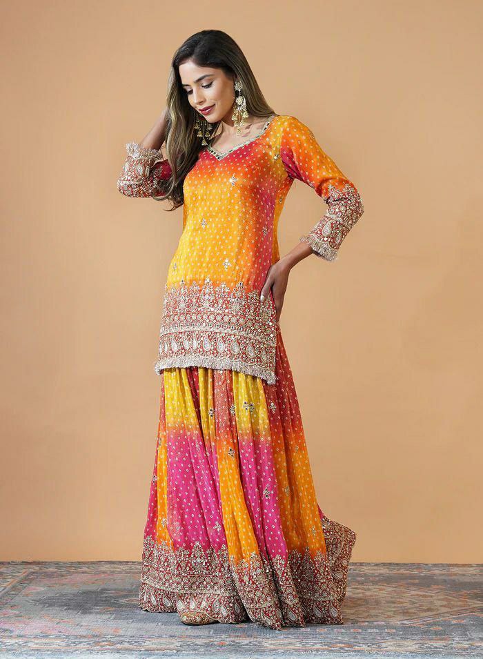 Prazu Fashion Yellow And Pink Chinon Silk Embroidered Palazzo Suit - Swadesiicart