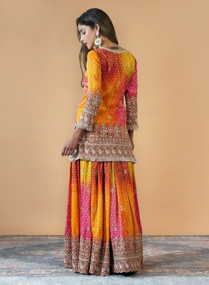 Prazu Fashion Yellow And Pink Chinon Silk Embroidered Palazzo Suit - Swadesiicart