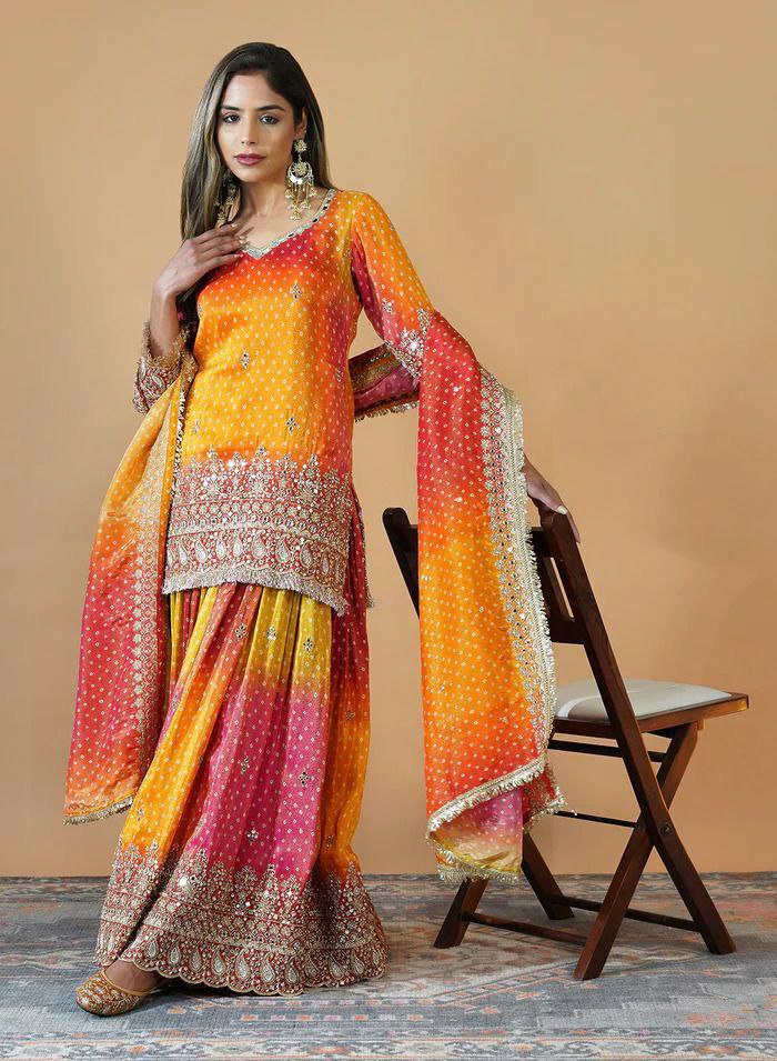 Prazu Fashion Yellow And Pink Chinon Silk Embroidered Palazzo Suit - Swadesiicart
