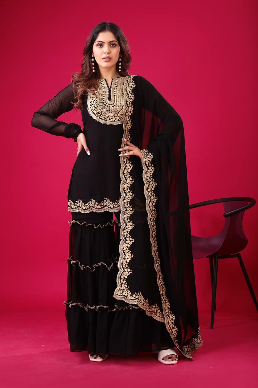 Prazu Fashion Black Georgette Embroidered Plazzo Suit - Swadesiicart
