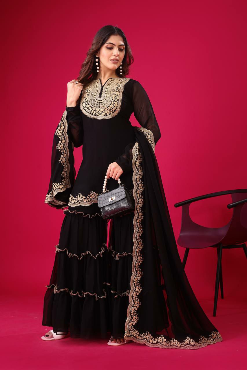 Prazu Fashion Black Georgette Embroidered Plazzo Suit - Swadesiicart