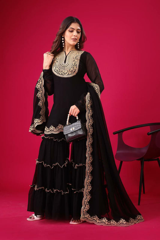 Prazu Fashion Black Georgette Embroidered Plazzo Suit - Swadesiicart
